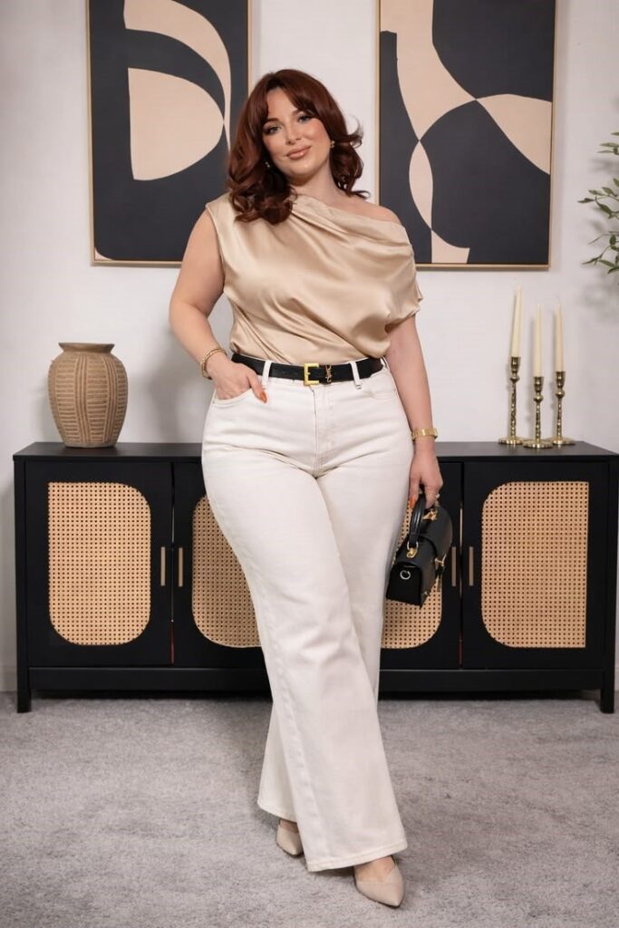 Plus size woman wearing a polished everyday outfit while learning how to build a closet she'll actually wear