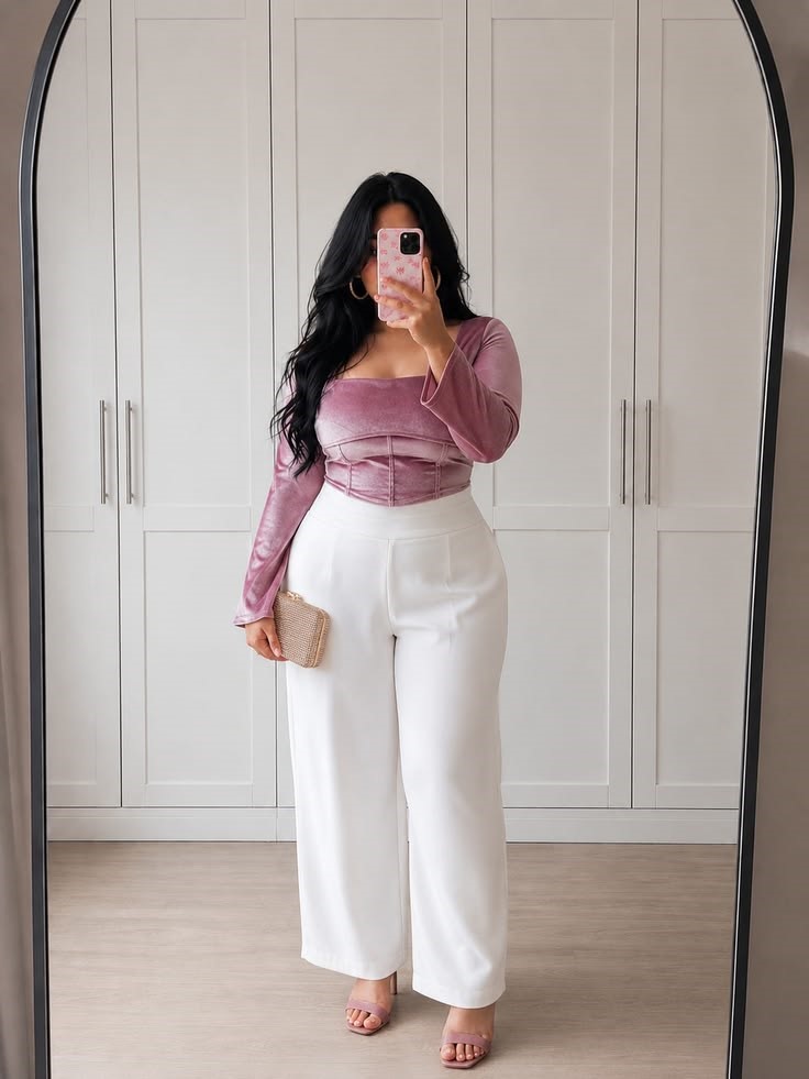 Plus size woman wearing a pink top with white wide-leg trousers and matching accessories 