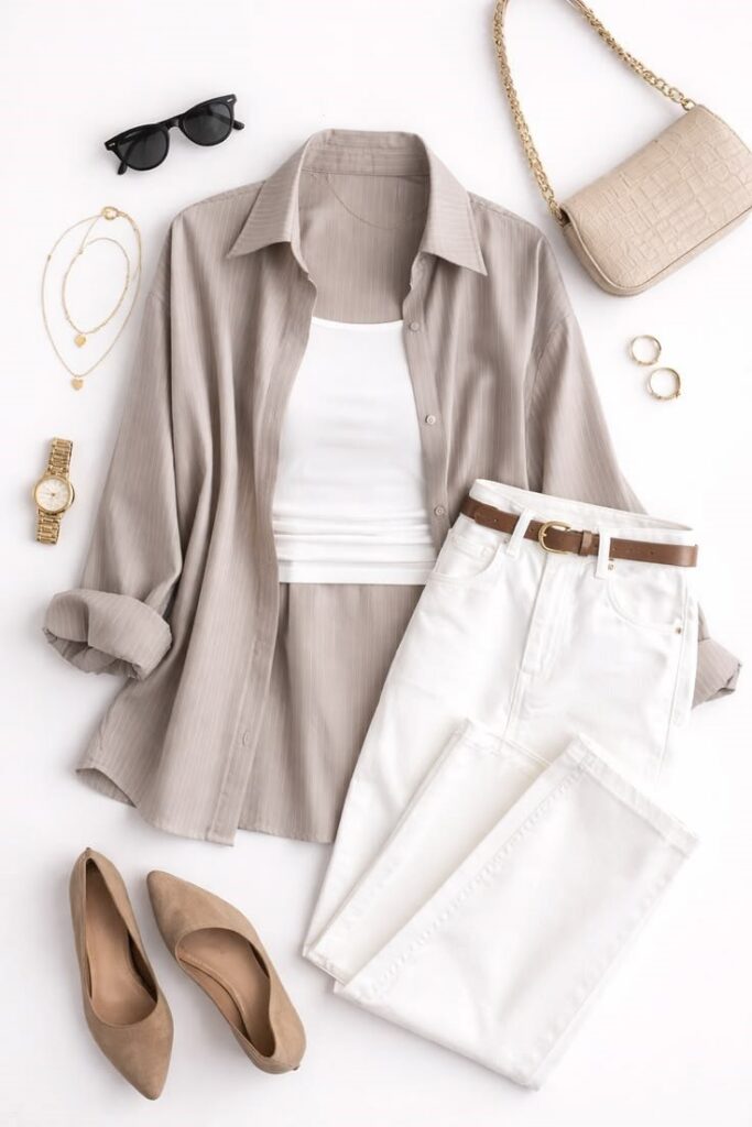 Neutral shirt, white jeans, shoes, bag, and accessories arranged as an outfit for building a closet you'll actually wear