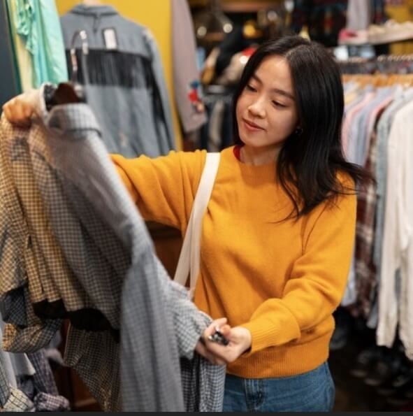 Woman considering a clothing piece while shopping 