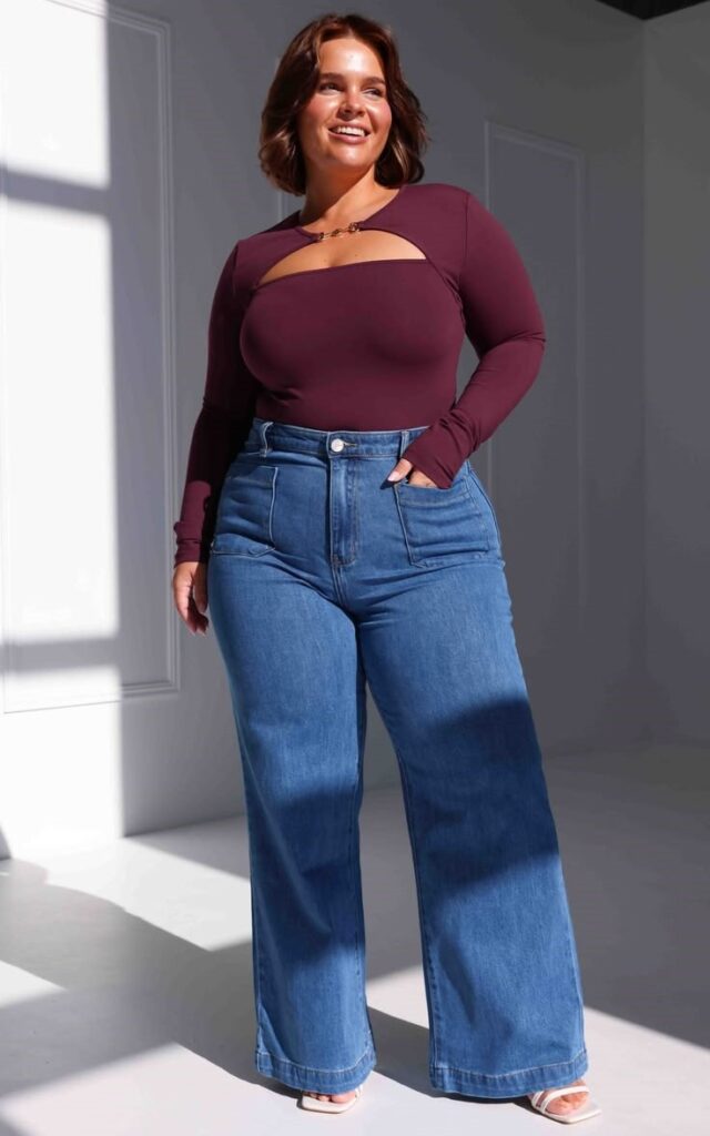 Plus size woman showing how to find jeans that fit in a flattering wide-leg style