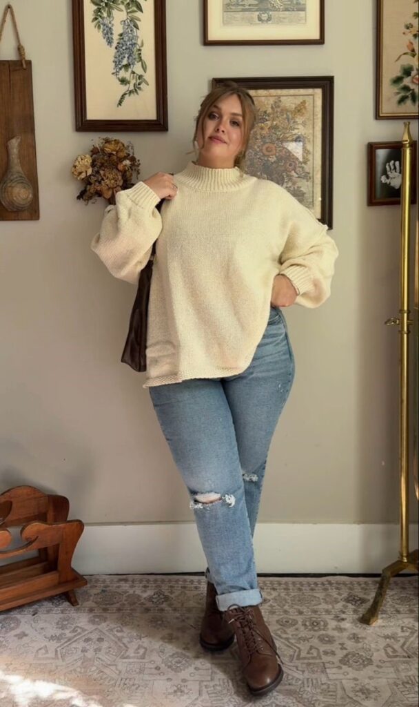 Curvy woman wearing jeans with an oversized sweater, showing how balanced styling can avoid jeans mistakes that make outfits look frumpy