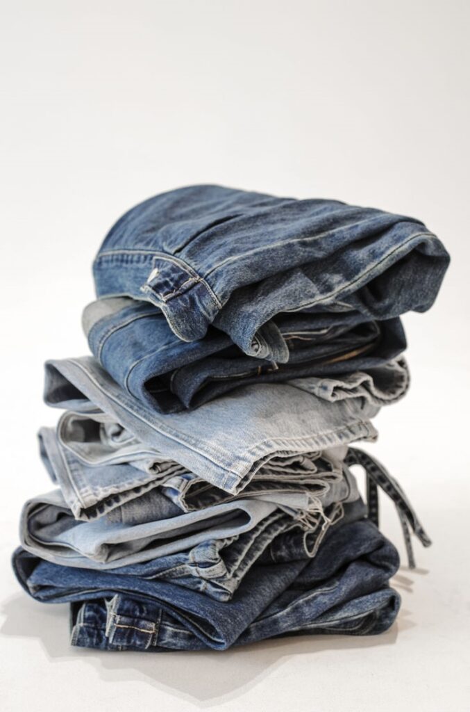 Stack of old jeans showing different washes and signs of wear, illustrating jeans mistakes that make outfits look frumpy