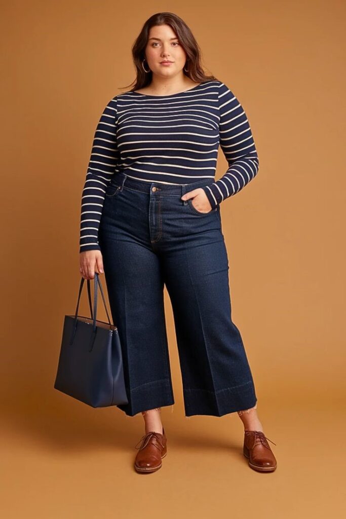 Plus size woman wearing dark wide-leg jeans with a tucked striped top, bel and handbag for a jeans mistakes that make outfits look frumpy article