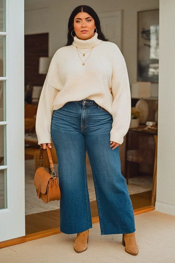 Plus size woman showing how shoes can change the look of a jeans outfit