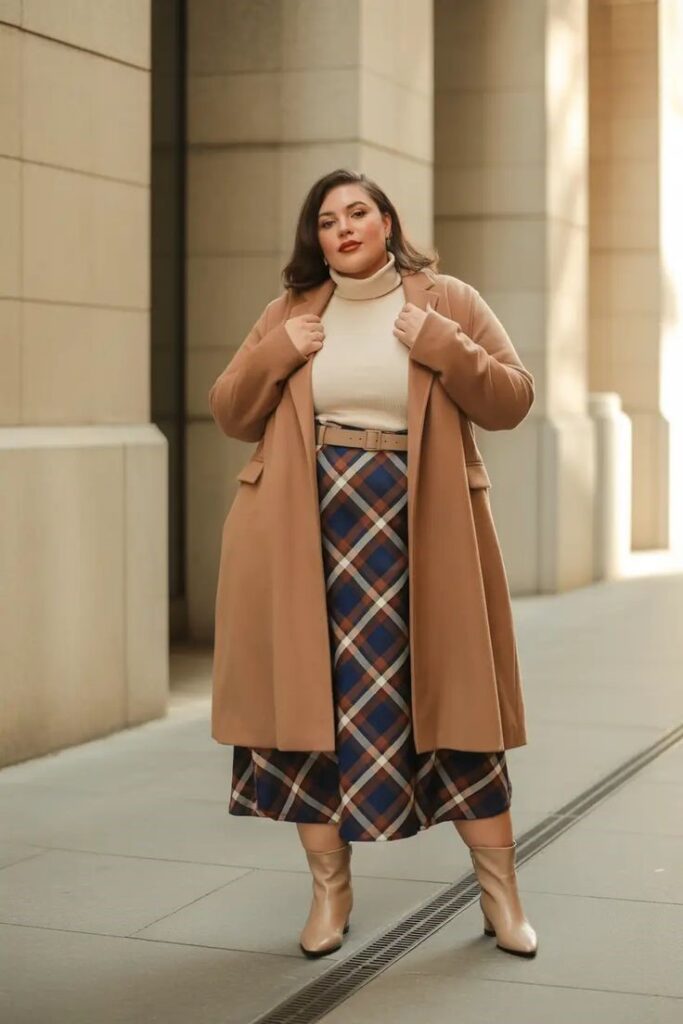 Apple-shaped plus size woman layering with a longline cardigan for a balanced silhouette