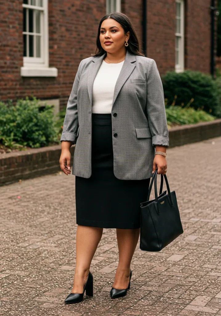 Apple-shaped plus size woman wearing a longline blazer over a fitted top and pencil skirt
