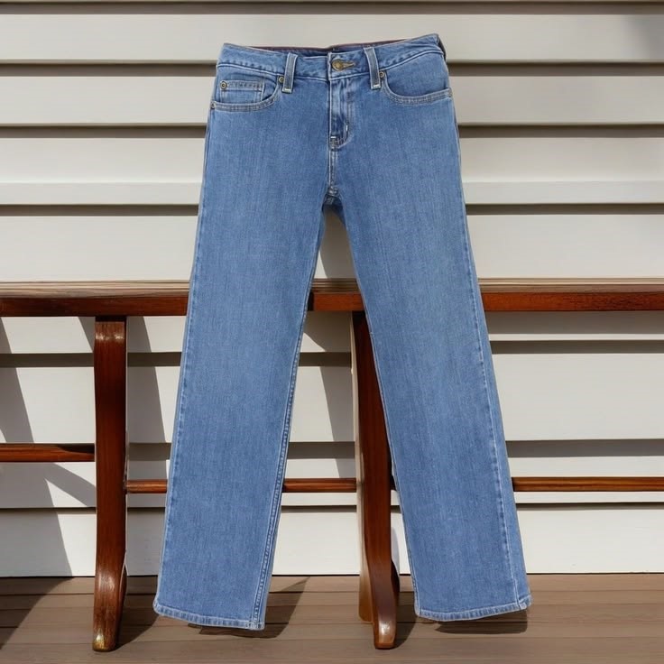 Flat lay of low-rise blue jeans that provide less waist support for an apple-shaped plus size body