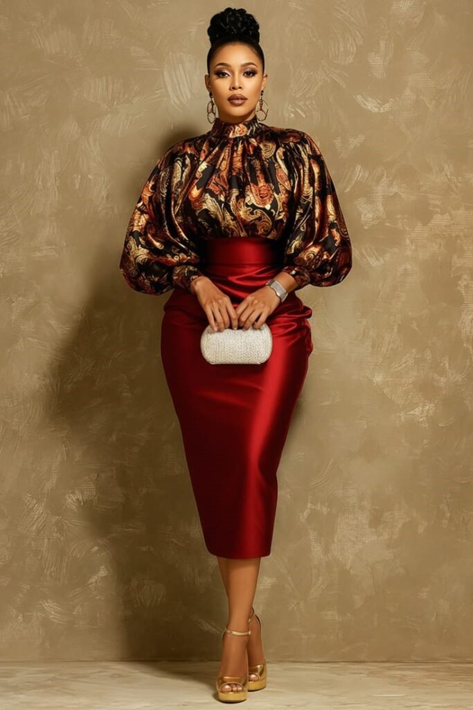 Plus size woman wearing a beautifully constructed satin blouse and skirt