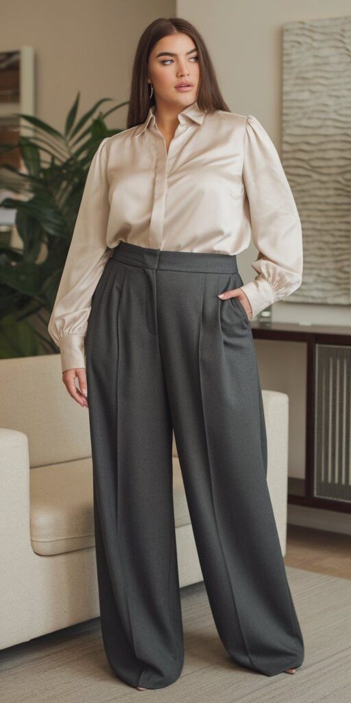 Plus size woman wearing tailored wide-leg trousers