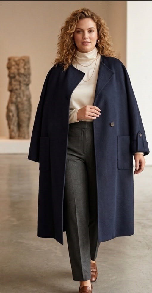 Plus size woman wearing a navy Marina Rinaldi wool coat