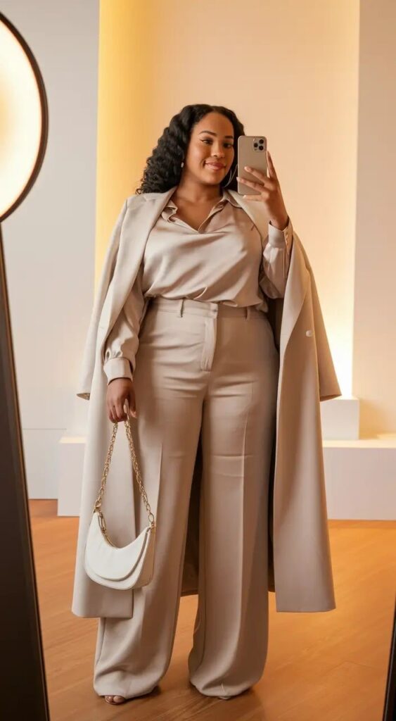 Plus size woman wearing an elegant outfit with flowing fabrics