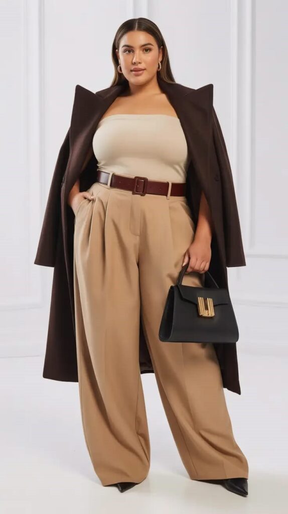 Plus size woman wearing a timeless tailored outfit with a luxury handbag