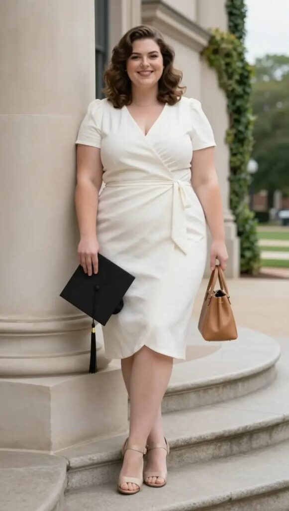 Apple-shaped plus size woman wearing a flattering white wrap dress