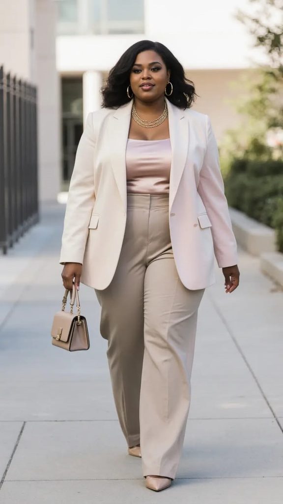 Curvy woman wearing a cream blazer with tailored trousers for an elegant old money style look