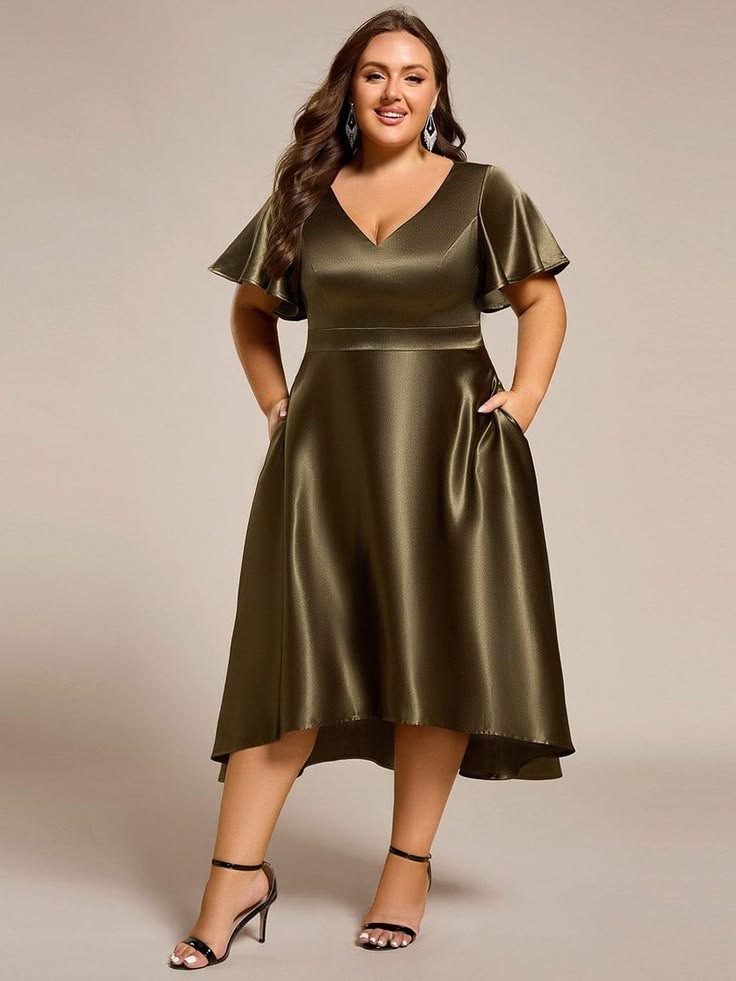 Olive green midi dress with a V-neck and defined waist flattering for an inverted triangle body shape