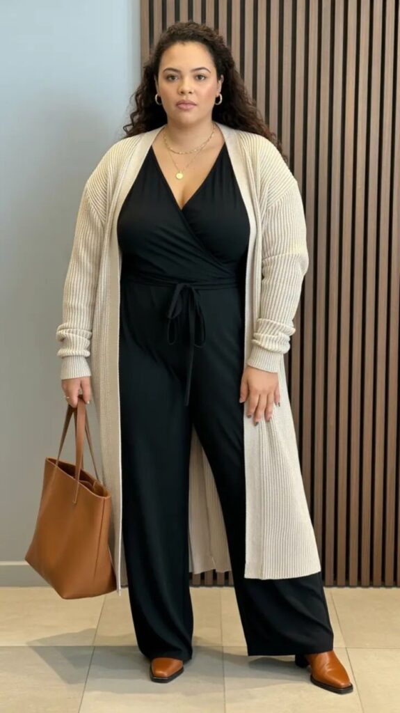 Apple-shaped plus size woman wearing a long open cardigan over a V-neck outfit