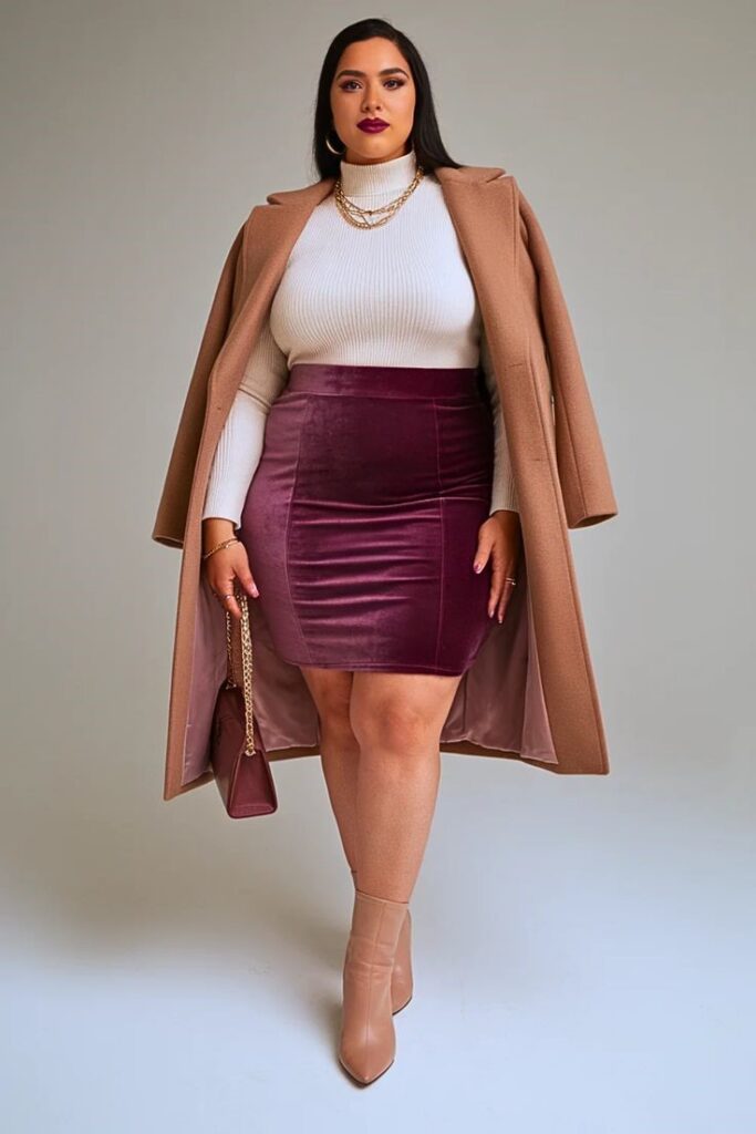 Hourglass plus size woman wearing a structured camel coat over a fitted outfit