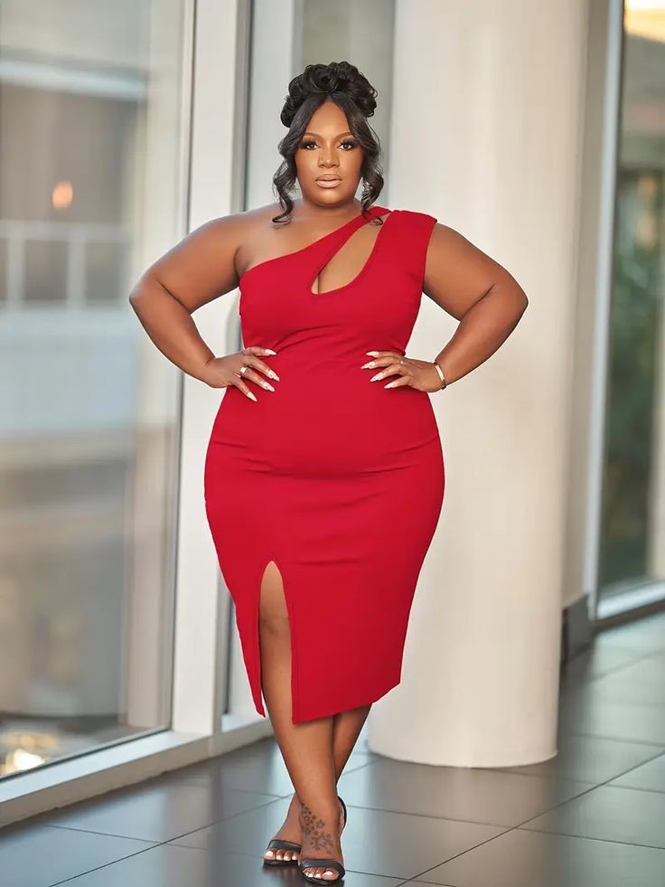 Pear-shaped plus-size woman wearing a flattering red one-shoulder dress with a defined waist.