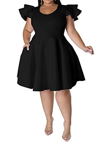 Pear-shaped plus-size woman wearing a black A-line dress with flutter sleeves.
