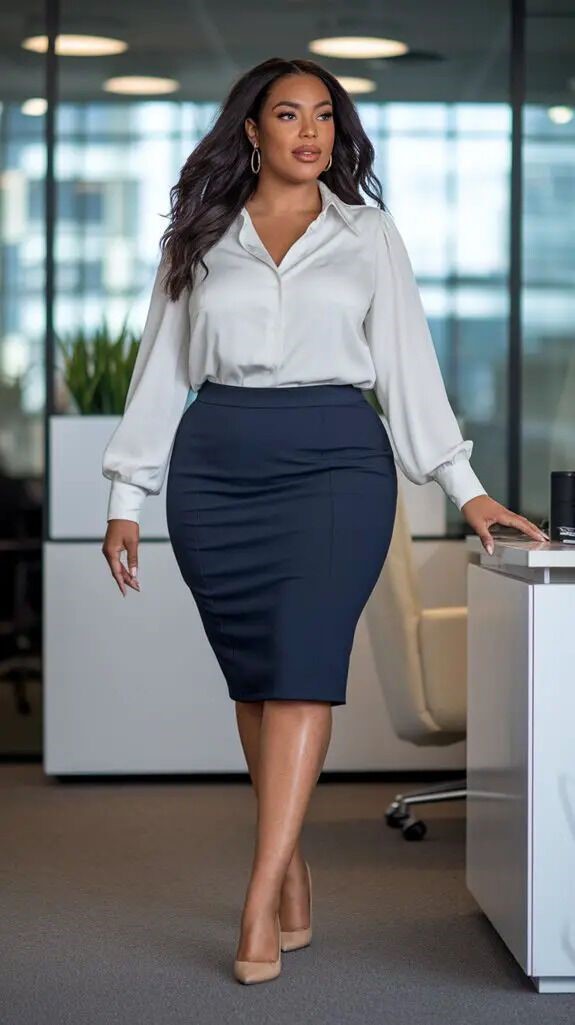 High-waisted pencil skirt that flatters a plus size figure