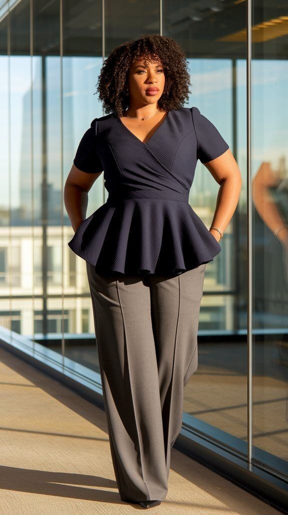 Plus-size woman wearing a navy peplum top with wide-leg trousers, showing how a peplum silhouette creates waist definition for a rectangle body shape