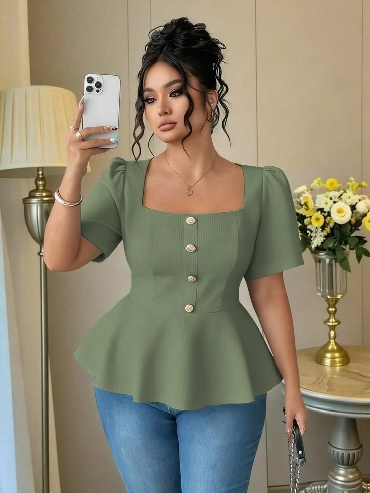 Hourglass plus size woman wearing a green peplum top that defines the waist