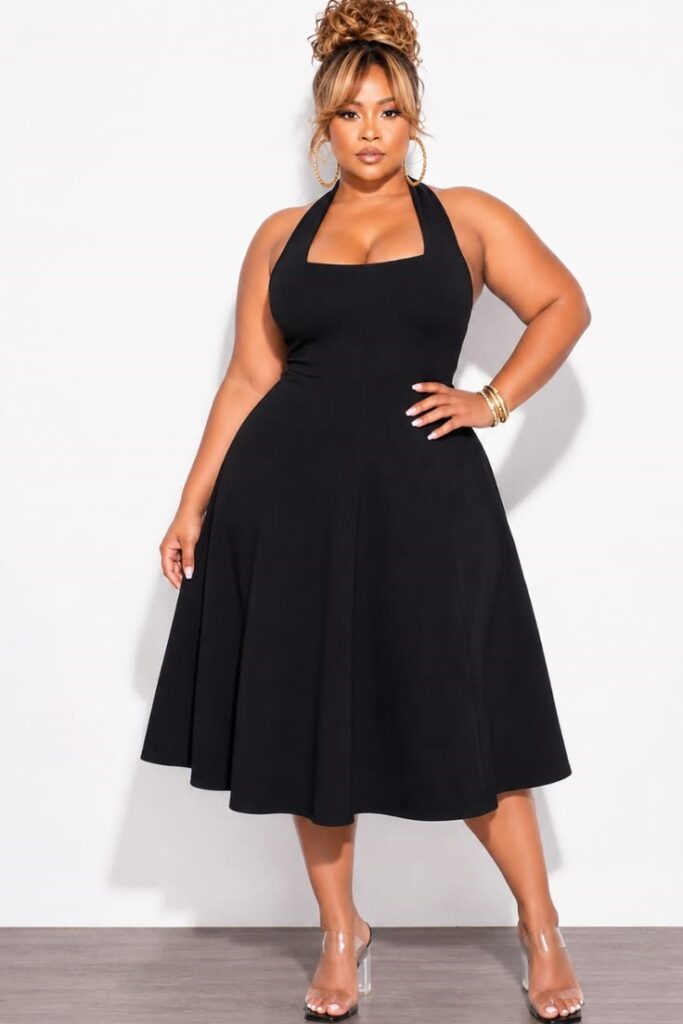 Plus size woman wearing a black halter midi dress pieces that can create 100 pieces with a flattering A-line silhouette and clear heels.