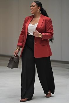 Plus size woman wearing a red blazer pieces that can create 100 outfits over a white top with black wide-leg trousers