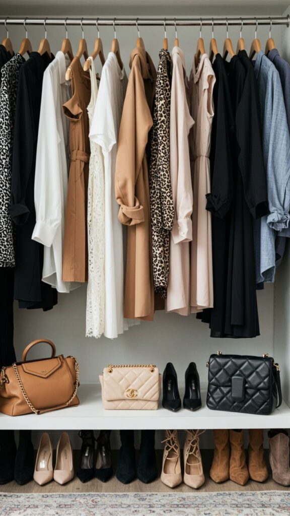 Organized plus size capsule wardrobe with coordinated clothing and accessories for everyday outfits.