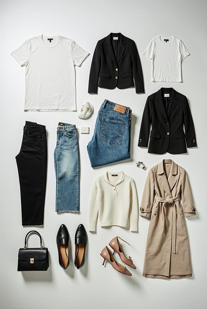 Essential capsule wardrobe pieces including classic tops, jeans, blazers, trousers, and outerwear for a plus size wardrobe.