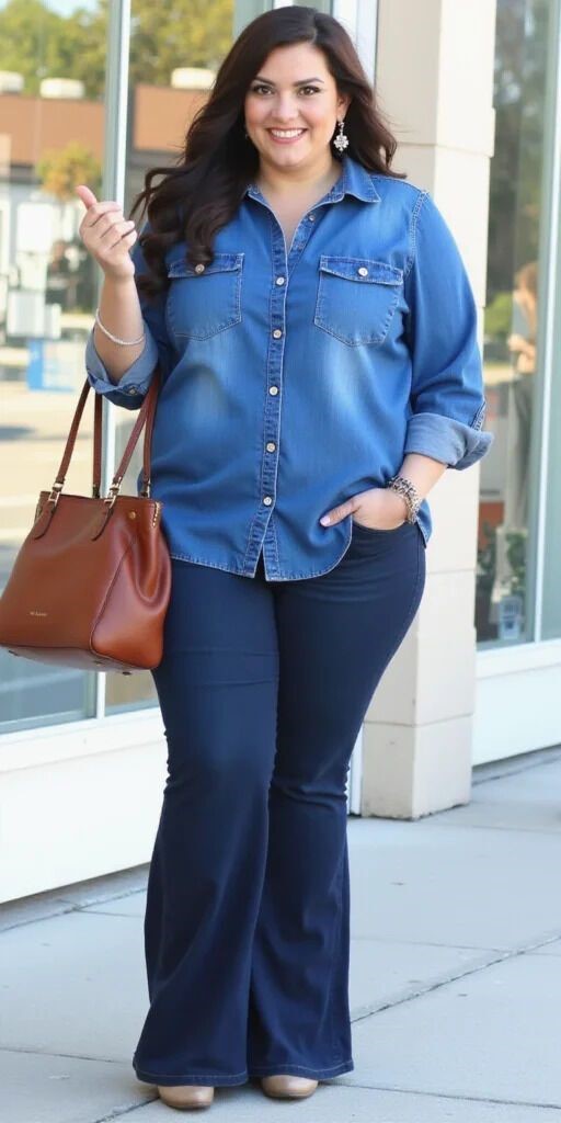 Plus size woman wearing a blue chambray button-down shirt, one of 30 versatile wardrobe pieces.