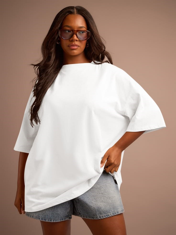 Plus size wardrobe basics white T-shirt and denim shorts