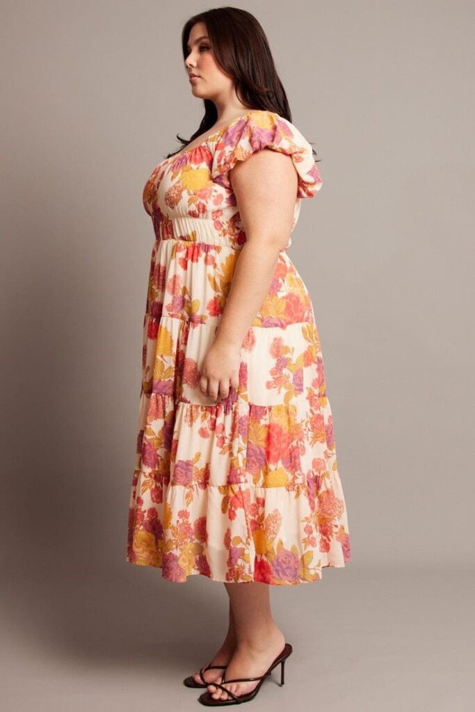 Plus size woman wearing a 30 versatile wardrobe pieces styled with a plus-size floral midi dress