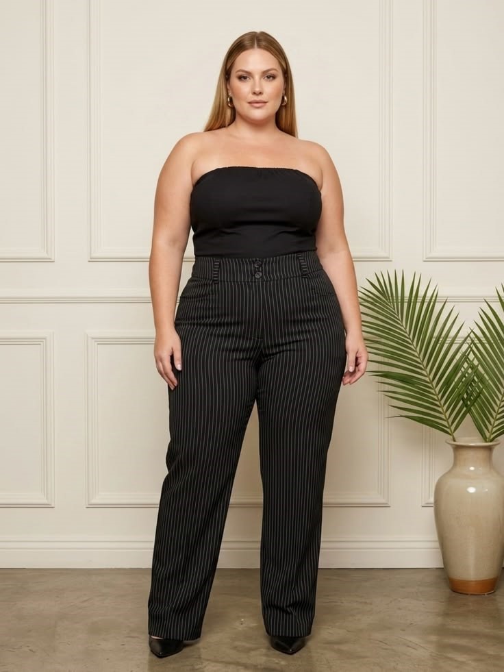 Plus-size woman with an inverted triangle body shape wearing a strapless black top and striped wide-leg trousers.