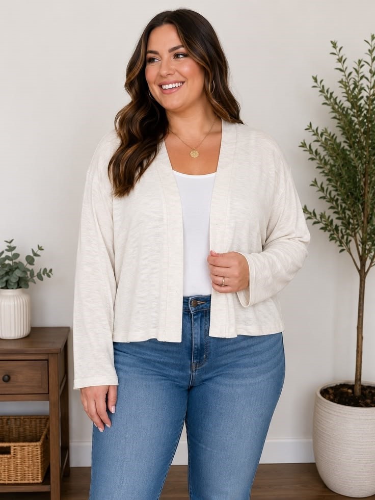 **Alt text:**
Plus size woman wearing a lightweight ivory open-front cardigan over a white top with blue jeans, one of 30 versatile wardrobe pieces.
