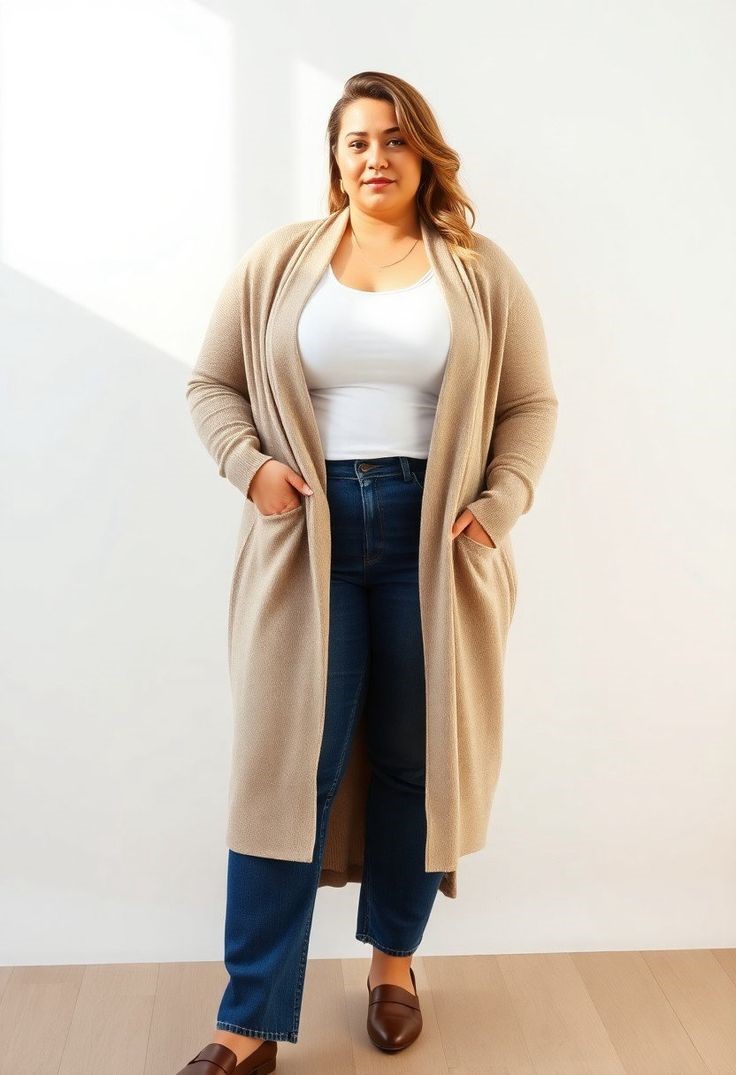 30 versatile wardrobe pieces styled with a plus-size long cardigan