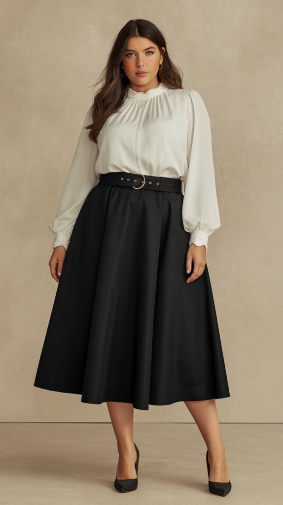 Plus size woman wearing a black midi skirt with a white blouse as part of a versatile wardrobe.