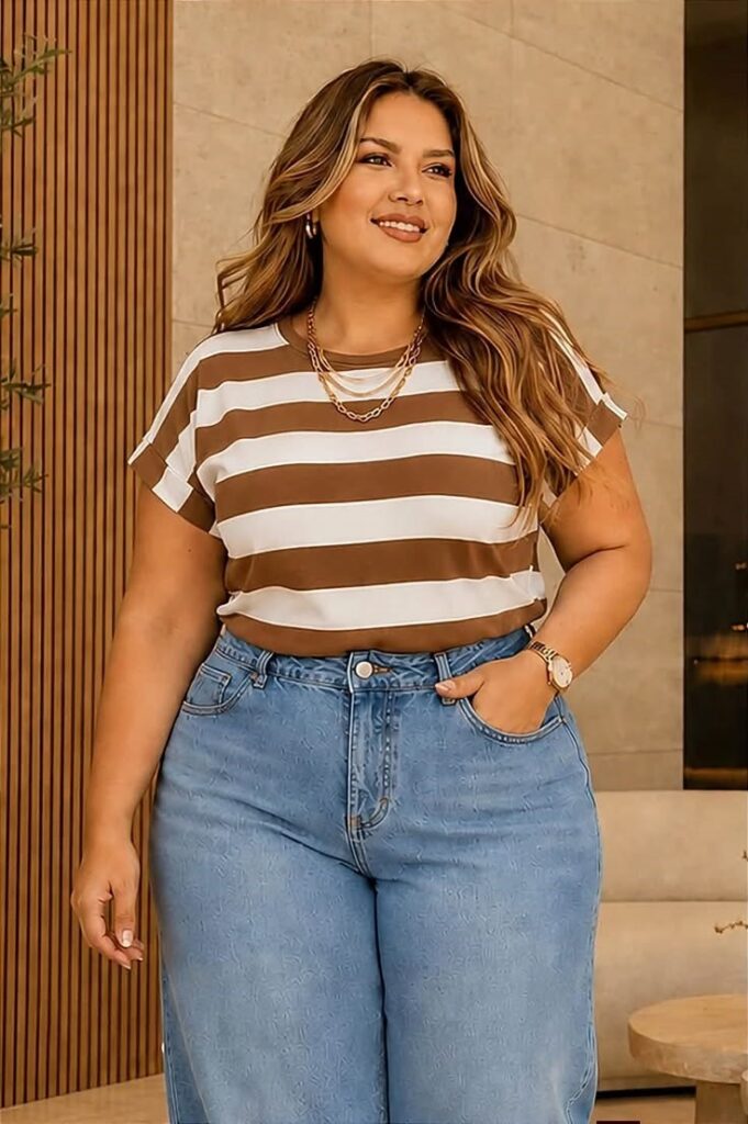 Plus size woman wearing a brown and white striped T-shirt with light-wash jeans, styled as a versatile everyday outfit.