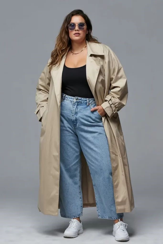 A woman wearing a classic beige trench coat with jeans
