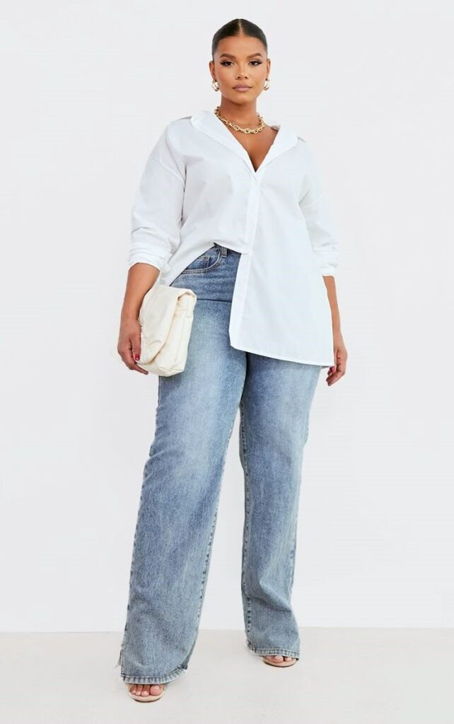 Plus size wardrobe basics featuring a white button-down shirt and jeans