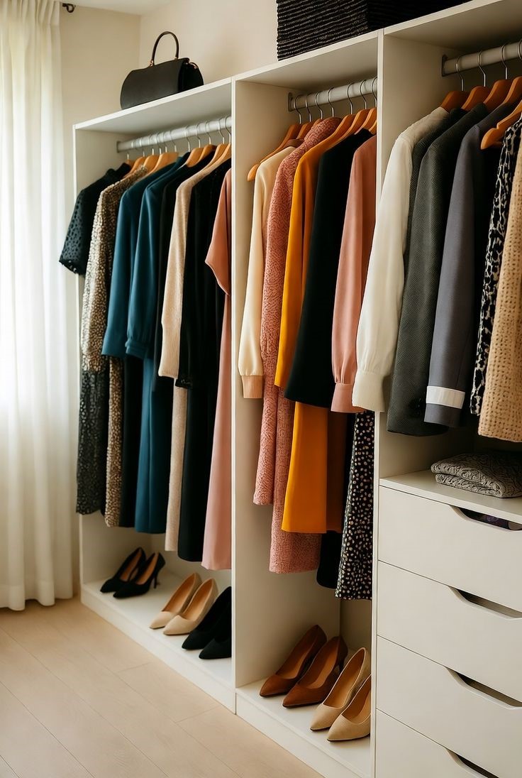 Plus size wardrobe basics organized in a stylish closet