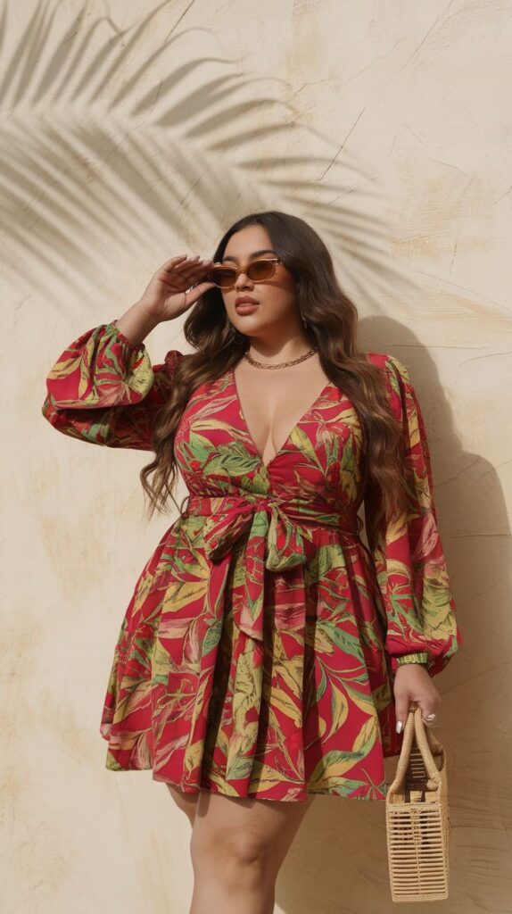 Plus size wardrobe basics with a colorful printed occasion dress