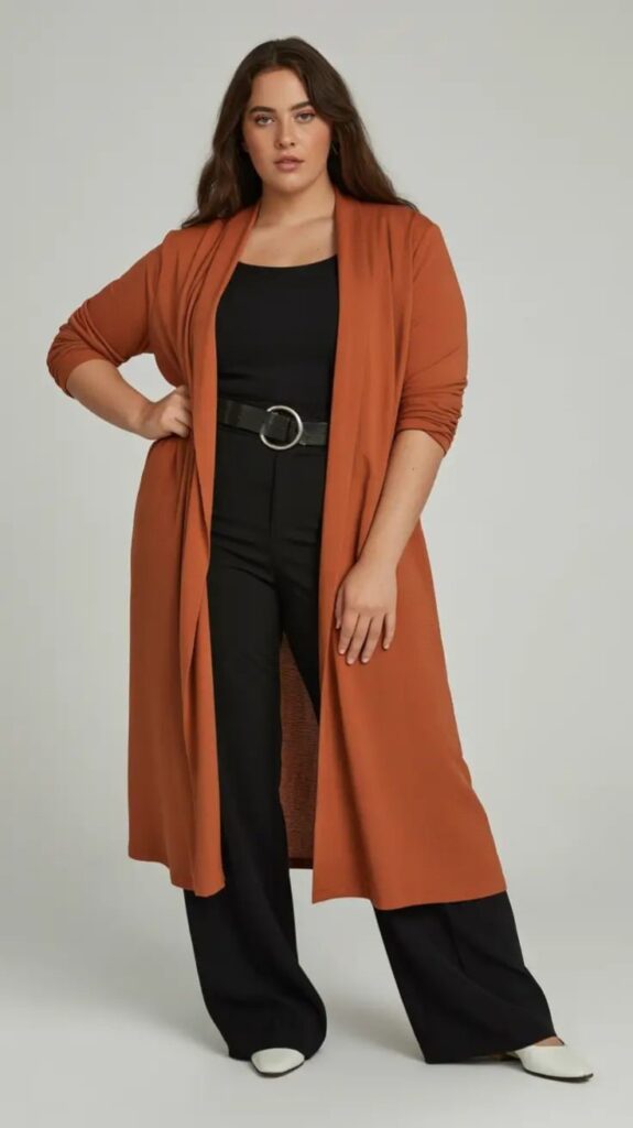 Plus size wardrobe basics with a long rust cardigan layered over black clothing