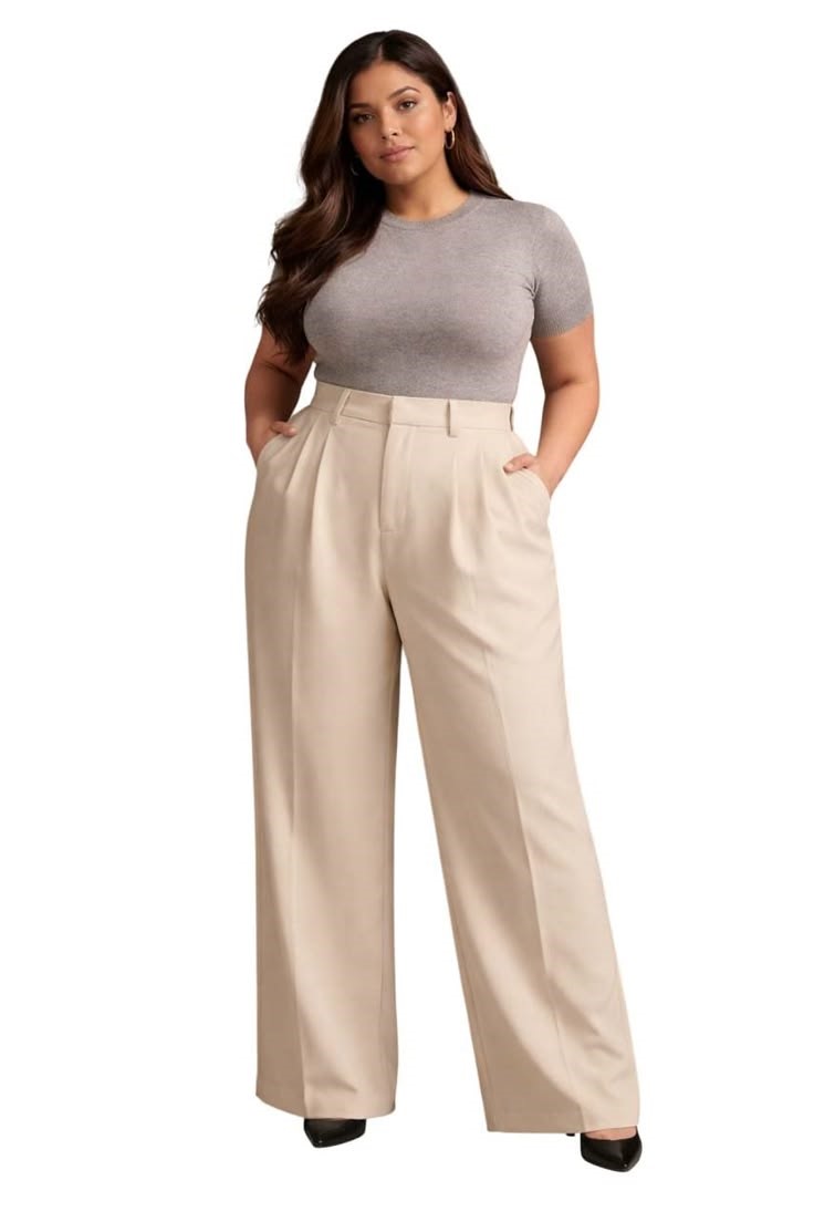 Plus size wardrobe basics with versatile wide-leg trousers and a ash top