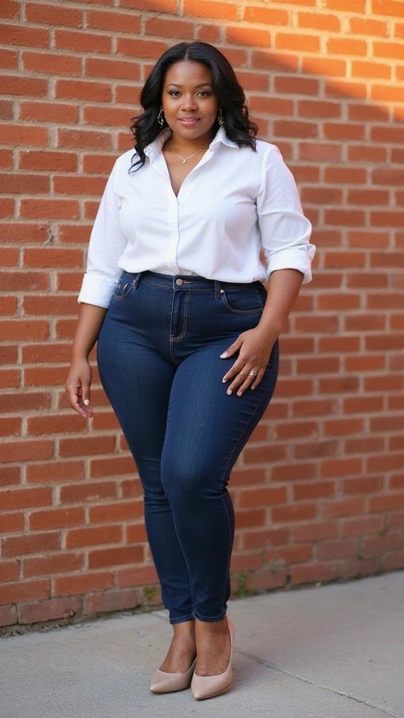 Plus-size woman styling a classic white shirt and skinny jeans to reflect her personal style.