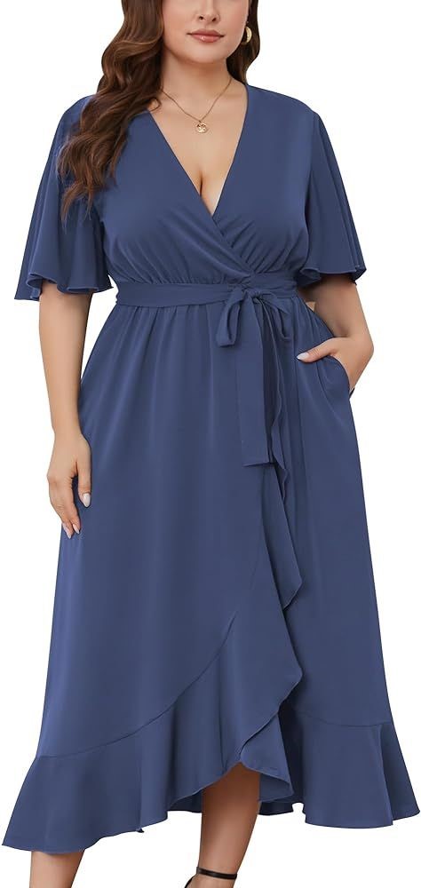 Plus-size woman wearing a classic blue wrap dress with a V-neckline, waist tie, and flowing skirt that flatters a rectangle body shape