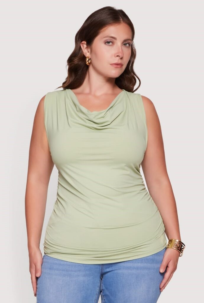 Sage soft draped cowl neck blouse flattering for an inverted triangle body shape