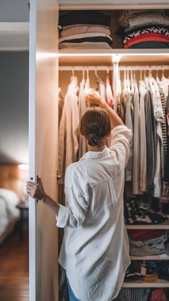 Woman reviewing the clothes in her wardrobe before building a plus size capsule wardrobe.