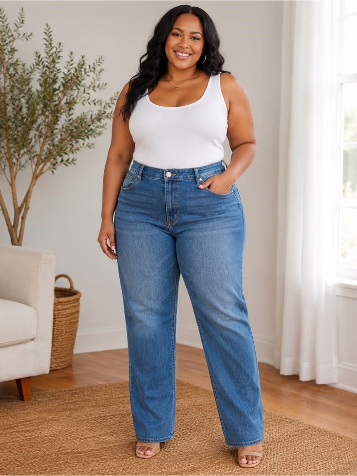 High-rise straight-leg jeans flattering for an inverted triangle body shape
